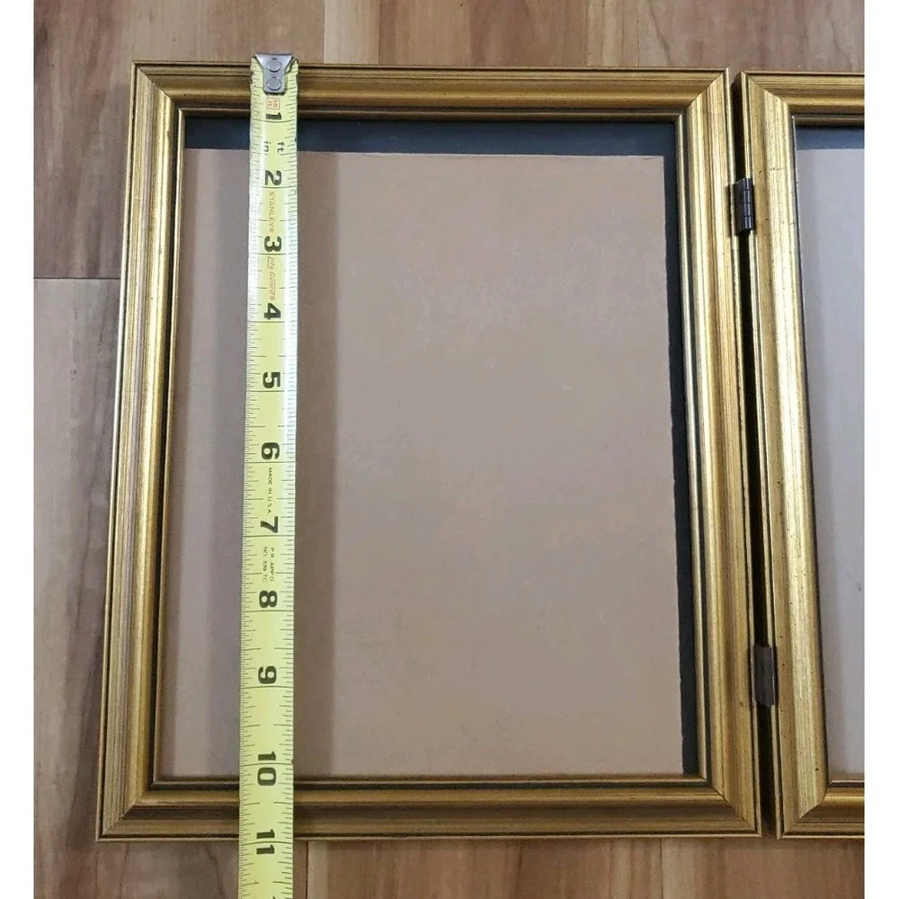 Vtg Gold Tone Metal BiFold Double Picture Frame 11x9 Vertical Portrait Hinged